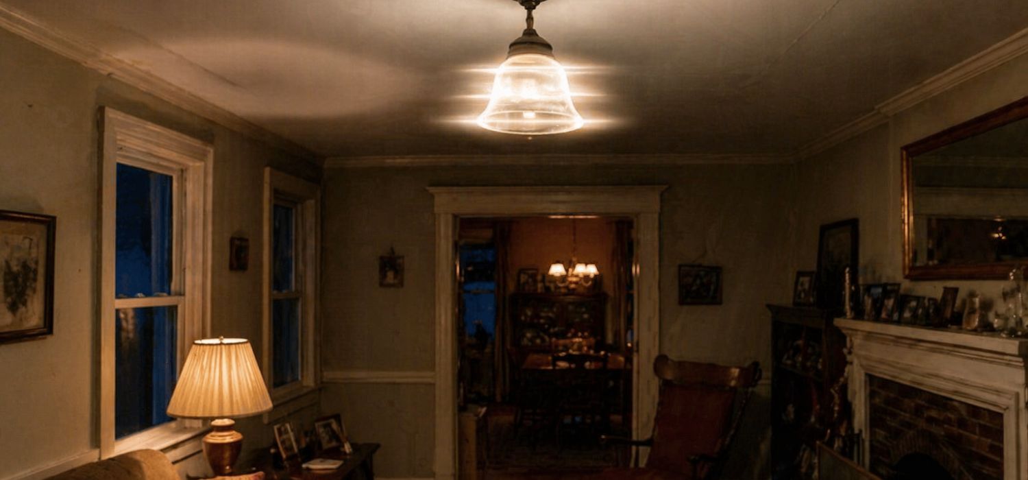 Flickering ceiling light illuminating a cozy older living room with vintage furnishings and warm, dim lighting.
