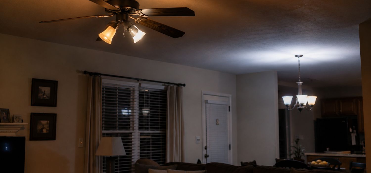 Ceiling fans and light fixtures illuminate a living room and kitchen area, highlighting a couch, window with blinds, and a dining table with fruit in a bowl.